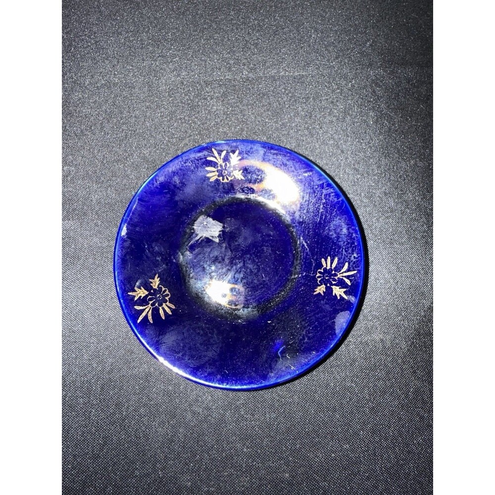 Vintage Cobalt Blue Glass Trinket Dish Gold Floral Accent Small 4.5” Decorative